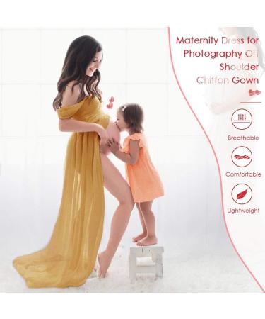FEOYA Maxi Maternity Dress- Yellow Chiffon Lace Gown for Pregnant Women Photography - Buy Online on GoSupps.com