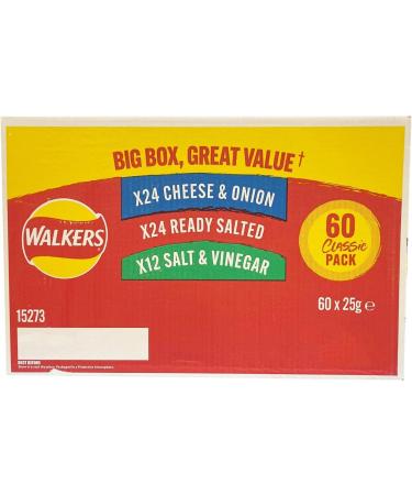 Walkers Crisps Walkers Classic Box Crisps Pack Of 60 x 25g - 24 x Cheese Onion 24 x Ready Salted 12 x Salt & Vinegar 3 Different Flavours Boxed Treatz - Buy Online on GoSupps.com