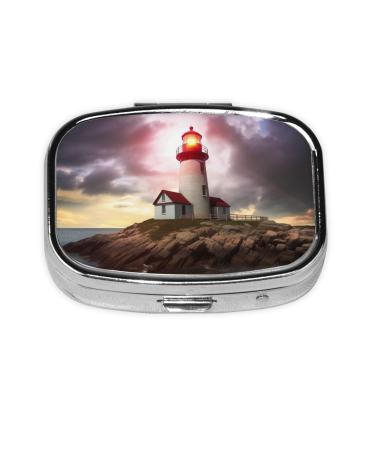 Lighthouse Printing 2 Compartment Small Pill Case Cute Small Pill Box Purse Pill Boxs Travel Pill Organizer for Pocket Purse and Travel Gifts
