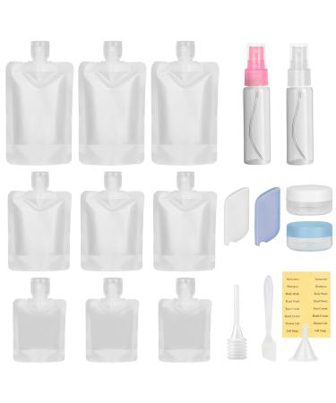 Korintin Travel Pouch Bottle Kit TSA-Approved Refillable Travel Size Containers for Toiletries Reusable Spray Bottles Jars Portable Travel Accessories for Shampoo Lotion Soap Liquids (19 Pack)