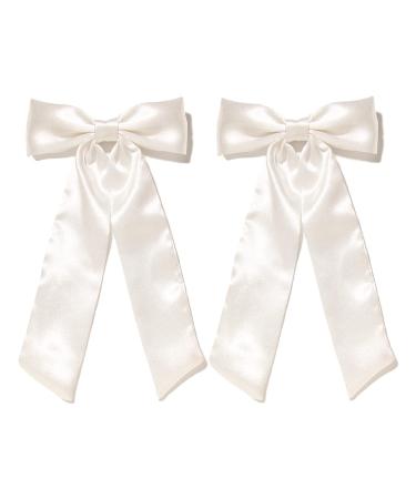 Furling Pompoms Bow Hair Clips with Long Tail 2pcs Hair Ribbon Bows for Women Satin Bowknot Spring Clip Big Bows for Girls Hair Accessories Party Wedding Prom Daily Outfits (White Ribbons)