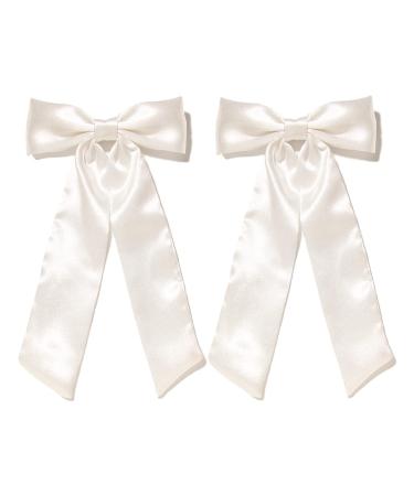 Furling Pompoms Bow Hair Clips with Long Tail 2pcs Hair Ribbon Bows for Women Satin Bowknot Spring Clip Big Bows for Girls Hair Accessories Party Wedding Prom Daily Outfits (White Ribbons) - Buy Online on GoSupps.com