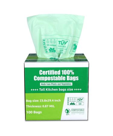 Primode 100% Compostable Bags 13 Gallon, Tall Kitchen Biodegradable Trash Bags, 100 Count, Extra Thick 0.87 Mil. ASTMD6400 Food Scrap Yard Waste Compost Bags, Certified by BPI and TUV