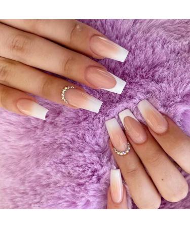 24pcs Short Square False French Tip False Nails Stick on Nails Glitter Press on Nails Removable Glue - on Fake Nails Acrylic Full Cover Nails Women Girls Nail Art Accessories (Pink White Diamond)
