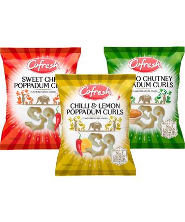 3 x Mixed Poppadum Curls Snacks Bags 80g - Mango Chutney Chilli & Lemon Sweet & Chilli Poppadum Curls