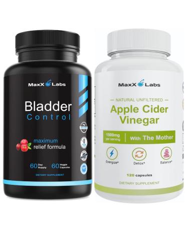 MaxX Labs Bladder Control Supplement + Apple Cider Vinegar Capsules Support for Urinary Tract Health Energy & Digestion Pumpkin Seed Oil Cranberry Extract ACV with Mother 60 Ct Each