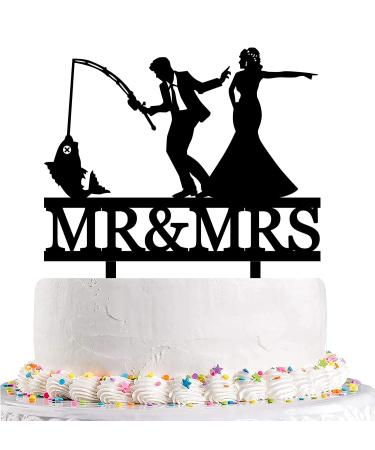 Funny Fishing Wedding Cake Topper - Just Wait a Second - The Bride Urges Groom to Get Married Fishing Couple Cake Topper Mr & Mrs Wedding Cake Topper (Fishing Couple)