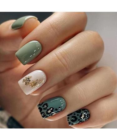 Short Press on Nails Square Fake Green Leopard Print Acrylic Full Cover False with Gold Foil Graphic Designs Glossy Glue Stick Artificial for Women Girls 24PCS