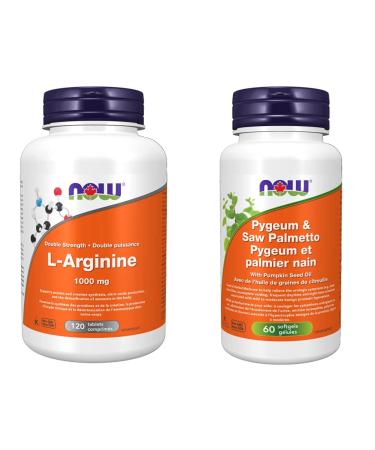 NOW Supplements L-Arginine 1000mg Tablets (120 Count) + Pygeum and Saw Palmetto Softgels (60 Count)