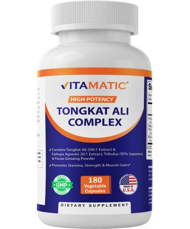 Vitamatic Tongkat Ali Extract 200 :1 Extract for Men (Longjack) Eurycoma Longifolia - 1800 mg Per Serving - Made with Fadogia Agrestis 20:1 Extract Tribulus 95% & Panax Ginseng - 180 Capsules