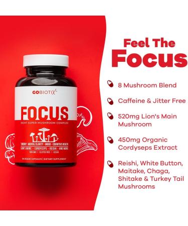 GOBIOTIX Focus Mushroom Supplement - Brain Booster Pills with Lions Mane, Cordyceps, Reishi, Chaga, Maitake - Nootropic for Memory, Energy, Immune Support - 90 Capsules - Buy Online on GoSupps.com