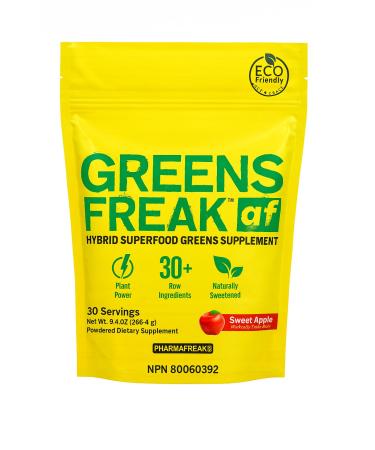 Pharmafreak Greens Freak Superfood Greens Powder 30+ Organic Greens Spirulina & Chlorella for Gut Health Digestion Immunity & Daily Energy Caffeine-Free Vegan 30 Servings Sweet Apple