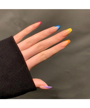 24pcs French False Nails - Almond Press on Nails - Full Cover Acrylic False Nails With Glue - French Fake Nails Stick on Nails for Women and Girls Nail Art (Multicolor French style)