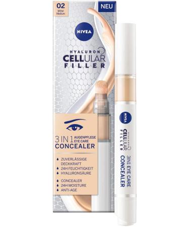 Nivea Hyaluron Cellular Filler 3in1 Eye Care Concealer Medium (4 ml) anti-Age Concealer with hyaluron cover pen for dark circles redness and pimples medium 4 g (1 Pack)