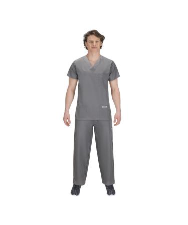 USBD Premium Medical Scrubs sets for Men Hospital Uniform Dress V-neck shirt & Drawstring Pant set Gray Large