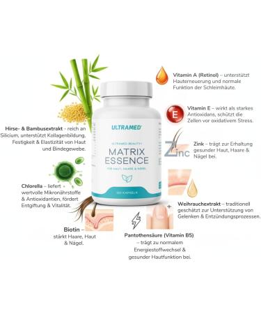  UltraMed Beauty+ Matrix Essence - For skin hair and nails - Vegan capsules with millet bamboo chlorella zinc biotin and vitamins A E B5 - Filler-free gluten-free and - Buy Online on GoSupps.com