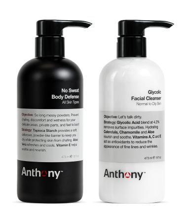 Anthony No Sweat Body Defense Anti-Chafe Talc Free Cream To Powder Lotion 16 Fl Oz and Anthony Glycolic Facial Cleanser Normal to Oily Skin 16 Fl Oz