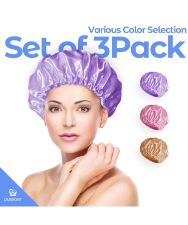 PUSSAER 4Pack Printed Shower Cap for Women - Reusable Extra Large Shower Hair Hat - Double Waterproof Protection - Grape Purple, Coffee Brown, Romantic Pink - 13 inches - Buy Online on GoSupps.com
