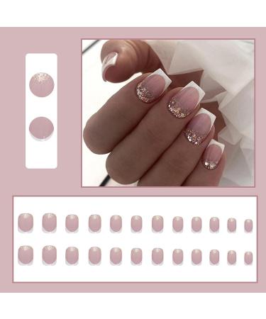 White Glitter French Fake Nails - 24Pcs Short Coffin Press on Nails with Glitter Tips and Nail Glue for Women and Girls - Buy Online on GoSupps.com
