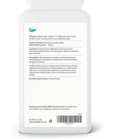 Troo NAC Supplement 600mg - 120 Capsules | N Acetyl Cysteine Amino Acid - UK Made | Non-Toxic & Stable Form of L-Cysteine - Buy Online on GoSupps.com