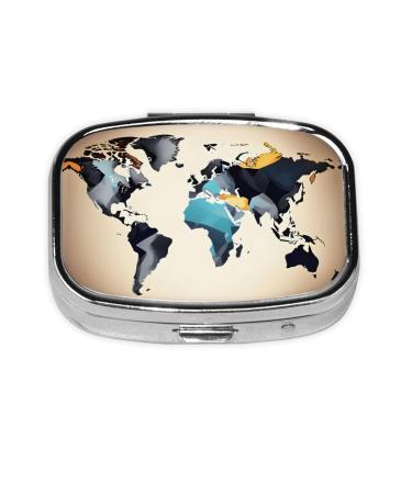 FoRes Abstract World Map Print Pill Case Portable Square Pill Box with Iron Plating/Medicine Vitamin Organizer Black