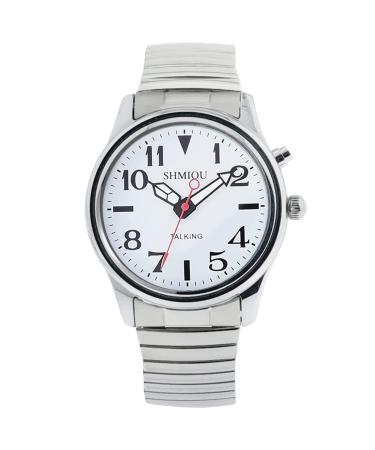 SHMIOU English Talking Watches Silver for Senior Blind Visually Impaired Retractable Watchband Wrist Watch for Unisex Bracelet Quartz Analog Voice with Alarm