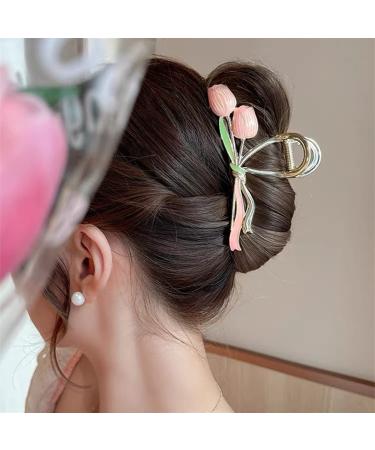 Summer Pink Tulip Bouquet Flower Hair Clip - Strong Hold Non Slip Accessory for Women with Thick or Thin Hair - Large Claw Clip Design - 1 Pc (Pink) - Buy Online on GoSupps.com