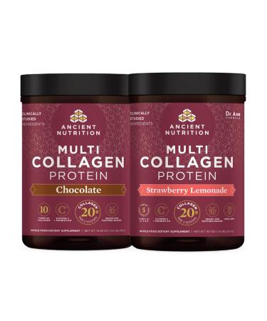 Ancient Nutrition Multi Collagen Peptides Protein Powder Chocolate 40 Servings + Multi Collagen Peptides Protein Powder Strawberry Lemonade 45 Servings