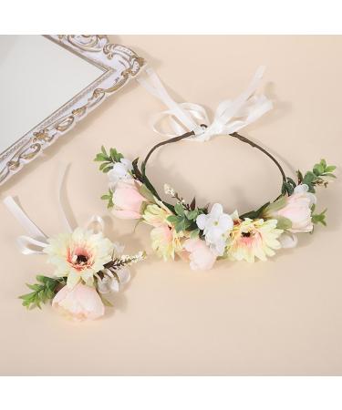 IYOU Floral Crown Headband Wristbands Champagne Daisy Flower Halo Headpiece Bridal Wedding Hair Accessories for Women and Girls - Buy Online on GoSupps.com