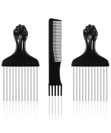 3 Pieces Metal Hair Pick Lift Hair Pick Salon Teasing Back Combs Pink or Black Carbon Comb with Stainless Steel Lift Teasing Combs with Metal Prong Combs for Women (Black)