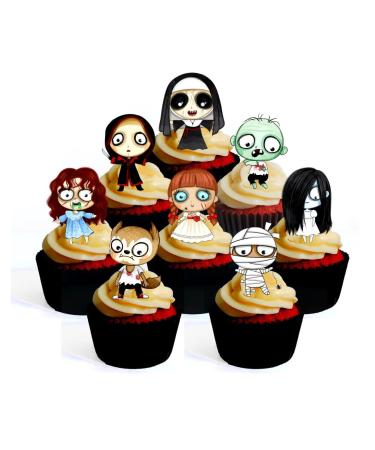 24 Halloween Horror Cupcake Toppers Theme #3 (PRECUT Optional) Edible Cupcake Toppers - Stand Up/Lie Flat Wafer Cake Decorations (PRECUT Pack of 24)