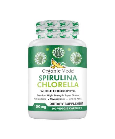 Organic Veda Spirulina & Chlorella Capsules 1500mg 300 Count - Spirulina Chlorella Capsules with Super Green Antioxidants Phycocyanin Amino Acid - Boost Immunity Energy Support Digestion
