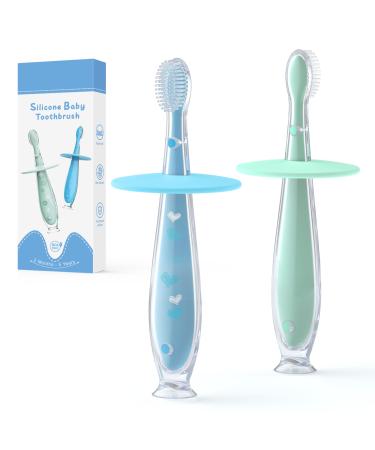Alobeby baby toothbrush 2 pieces silicone tooth care toothbrush oral care cleaning trainers super soft and gum massage with protective ring 100% food silicone for children infants
