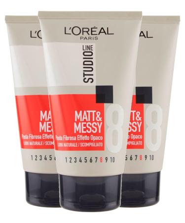 L'Oréal Paris Studio Line Matt&Messy Fibrous Paste Matte Effect Wild Look Hold 8 Ultra Strong - 3 Bottles of 150ml