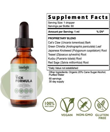 LIMELIGHT HERBALS Tick Formula - Immune System Support Tincture with Cat's Claw, Andrographis, Japanese Knotweed - 60 Servings - Buy Online on GoSupps.com