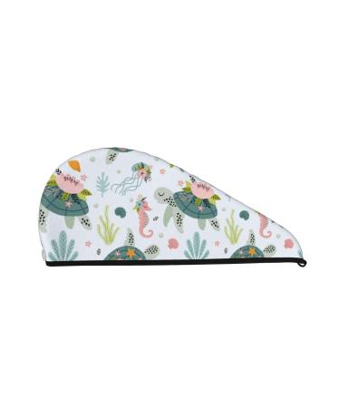 Hair Towel Wrap Hair Drying Towel with Button Towel Turban Head Towel to Dry Hair Quickly (Turtle and Sea Life)