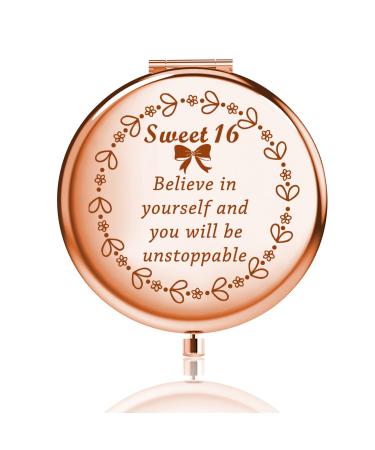 FUSTMW Sweet 16 Compact Mirror Happy 16th Birthday Gift 16th Birthday Mirror Gifts Sweet Sixteen Gift for Daughter Girls (Rose Gold)