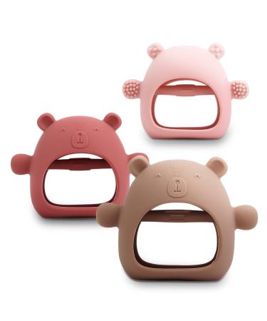 3 Pack Baby Teething Toy for 0-6 Months Never Drop Teether for Babies 6-12 Months BPA Free Dust-Proof Silicone Hand Pacifier Baby Chew Toys for Infant Sucking Needs-Safety Baby Toys 3-6 Months Brown+Pink+Red