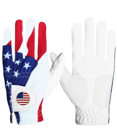 FINGER TEN Golf Gloves USA Flag Blue Camo Plaid Men Left Hand Right with Ball Marker Pack Mens Leather Golf Glove All Weather Grip Fit Size Small Medium ML Large XL USA Flag X-Large Left