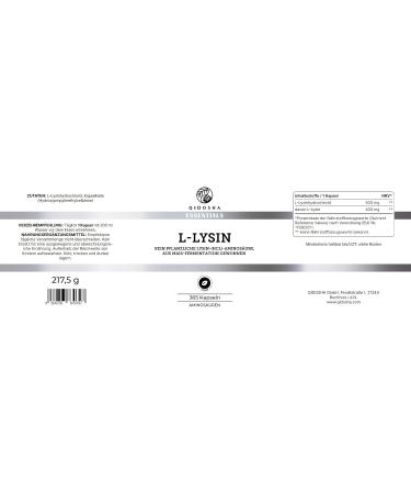 Qidosha L-Lysine Capsules 500mg | High Dose 365 Vegan Capsules | Pure L-Lysine 400mg | Made in Germany | International Shipping Available - Buy Online on GoSupps.com