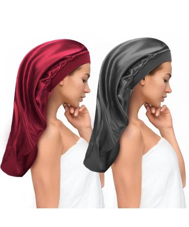 Aquior Large Satin Bonnet Sleep Cap, 2 Pcs Long Silk Bonnet for Braids Bonnets for Black Women No Fading Silk Elastic Well-Sealed Band Hair Cap