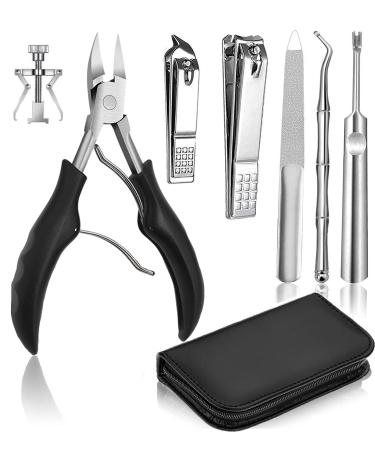 7 PCS Thick Ingrown Toenail Clipper Kit with Nail Clippers Toenail Lifter Cuticle Cutter Nail File Toenail Corrector PU Leather Case for Ingrown Thick Hard Toe Nail Fingernail Black