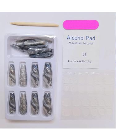 Silver Marble Square Long Press on Nails with Glitters - Luxurious Coffin Design for Women and Girls | False Nail Art Decoration - Buy Online on GoSupps.com