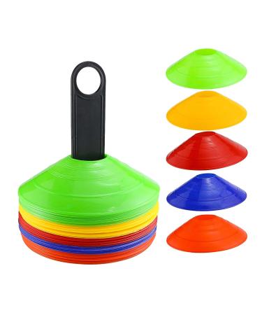 Faxco 50 Pcs Mark Disk, Soccer Cones with Holder for Training, Football, Sports, Field Cone Markers Outdoor Games Supplies(5 Colors)
