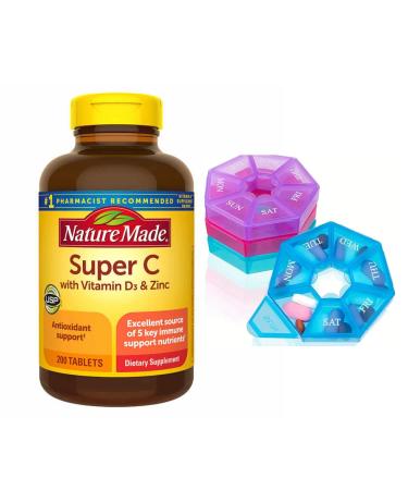 2 pack of Nature Made Super C with (Vitamin D3 and Zinc) 400 Tablets One per Day Tablet Bundle with Travel Weekly Pill Organizer (Assorted Color)