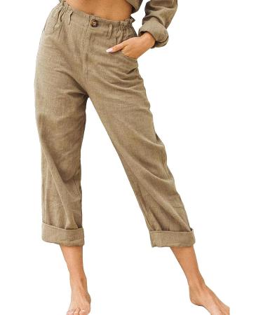 MALAIDOG Women's Cotton Linen Beach Lounge Pants - Khaki Medium | High Waist Wide Leg Trousers with Pockets - Buy Online on GoSupps.com