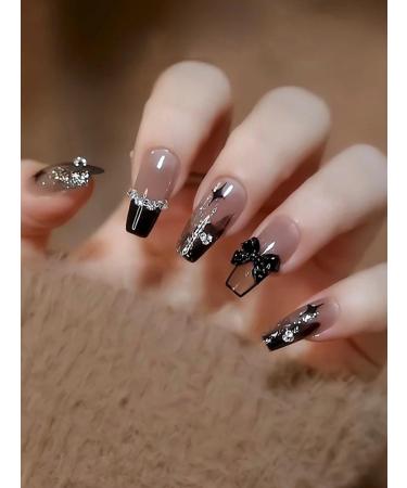 24pcs Black French Rhinestone Bow Coffin Fake Nail Bow 3D Press on Nails Black Bow Nails Luxurious Nails Acrylic Nails Fake Nails For Women Girls