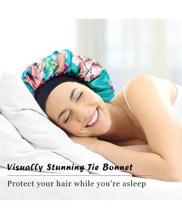 Satin Silk Double Layer Green Flower Hair Bonnet for Black Women - Large Silky Lined Sleep Cap for Curly Hair - Wide Band Strap - 1 Pc - Buy Online on GoSupps.com
