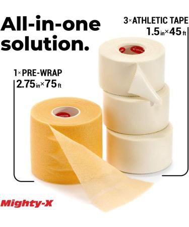 Mighty-X White Athletic Tape + PreWrap - 4 Pack - 1.5in x 45ft - No Sticky Residue - Ideal for Ankle, Climbing, Boxing - Sports Tape Athletic - Buy Online on GoSupps.com