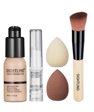 SIGHTLING Foundation Makeup Set  SIGHTLING 30ml Foundation Liquid Full Coverage 24HR Matte Oil Control Concealer (102 Nude) with Face Primer  Foundation Brush  Makeup Sponges